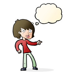 cartoon woman pointing with thought bubble