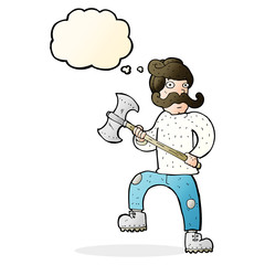 cartoon man with axe with thought bubble