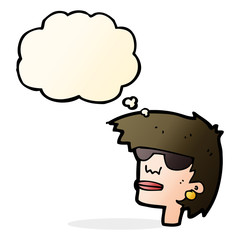 cartoon female face with glasses with thought bubble