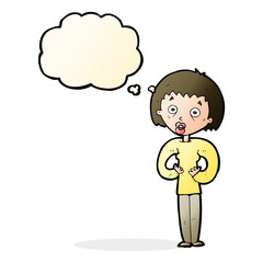 cartoon woman gesturing at self with thought bubble