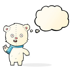 cartoon waving polar bear cub with scarf with thought bubble
