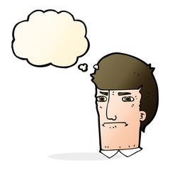 cartoon man narrowing eyes with thought bubble