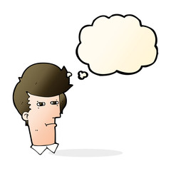 cartoon man narrowing eyes with thought bubble