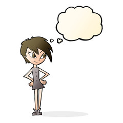 cartoon girl with hands on hips with thought bubble