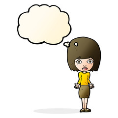 cartoon woman shrugging shoulders with thought bubble
