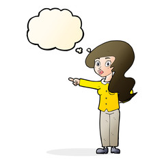 cartoon pretty woman pointing with thought bubble