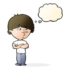 cartoon suspicious man with thought bubble