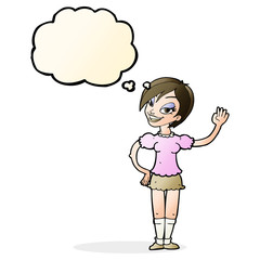 cartoon waving woman with thought bubble