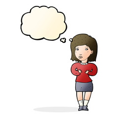 cartoon woman making excuses with thought bubble