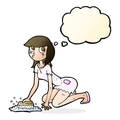 cartoon cinderella scrubbing floors with thought bubble