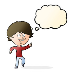 cartoon happy pointing man with thought bubble