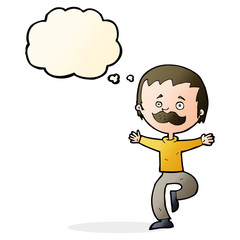 cartoon dancing man with mustache with thought bubble