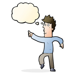 cartoon worried man pointing with thought bubble