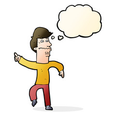 cartoon worried man pointing with thought bubble