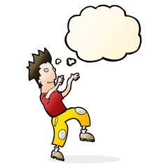 cartoon happy man doing funny dance with thought bubble