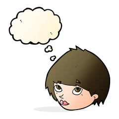 cartoon female face looking up with thought bubble