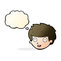 cartoon happy boy's face with thought bubble