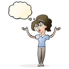 cartoon woman raising hands in air with thought bubble