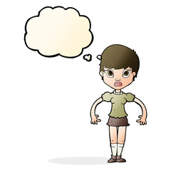 cartoon woman looking annoyed with thought bubble