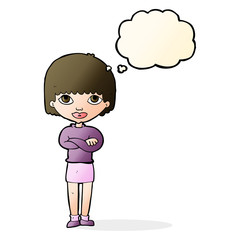cartoon woman with folded arms with thought bubble