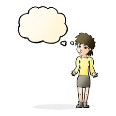 cartoon woman shrugging shoulders with thought bubble