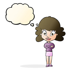 cartoon happy woman with folded arms with thought bubble