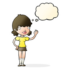cartoon waving woman with thought bubble