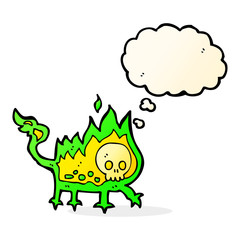 cartoon little fire demon with thought bubble
