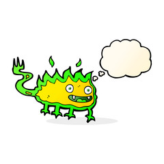 cartoon little fire demon with thought bubble