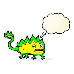 cartoon little fire demon with thought bubble