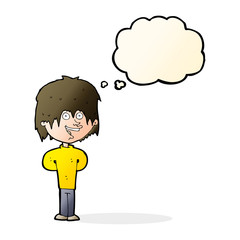 cartoon happy scruffy boy with thought bubble