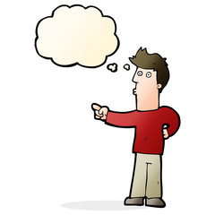 cartoon curious man pointing with thought bubble