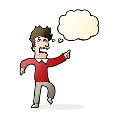 cartoon frightened man pointing with thought bubble