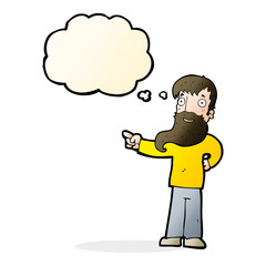cartoon man with beard pointing with thought bubble