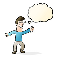cartoon happy man dancing with thought bubble