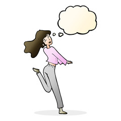 cartoon happy girl kicking out leg with thought bubble