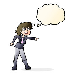 cartoon woman pointing with thought bubble