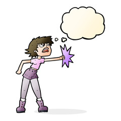 cartoon woman punching with thought bubble