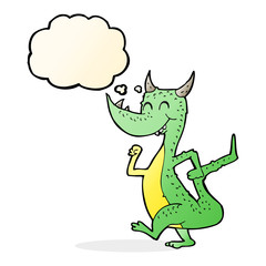 cartoon happy dragon with thought bubble