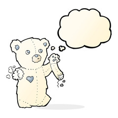 cartoon teddy polar bear with torn arm with thought bubble