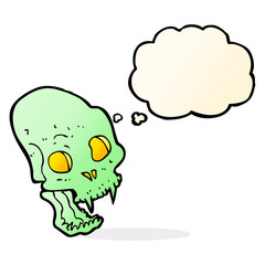 cartoon spooky vampire skull with thought bubble