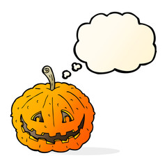 cartoon grinning pumpkin with thought bubble