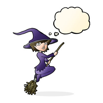 cartoon witch riding broomstick with thought bubble