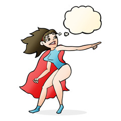 cartoon superhero woman pointing with thought bubble