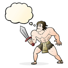 cartoon fantasy hero man with thought bubble