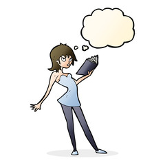 cartoon woman reading book with thought bubble