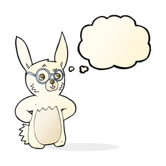 cartoon rabbit wearing spectacles with thought bubble