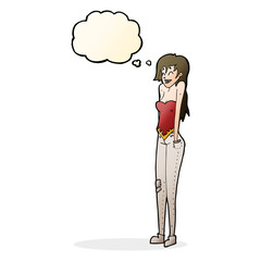 cartoon pretty woman shrugging shoulders with thought bubble