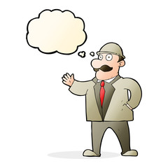 cartoon sensible business man in bowler hat with thought bubble