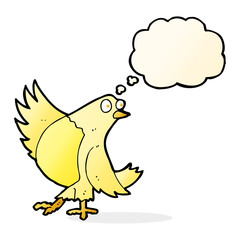 cartoon dancing bird with thought bubble